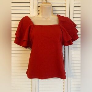 Womens Red Ruffle Puff Sleeve Top Small Square Neck Ribbed Festival Resort Party